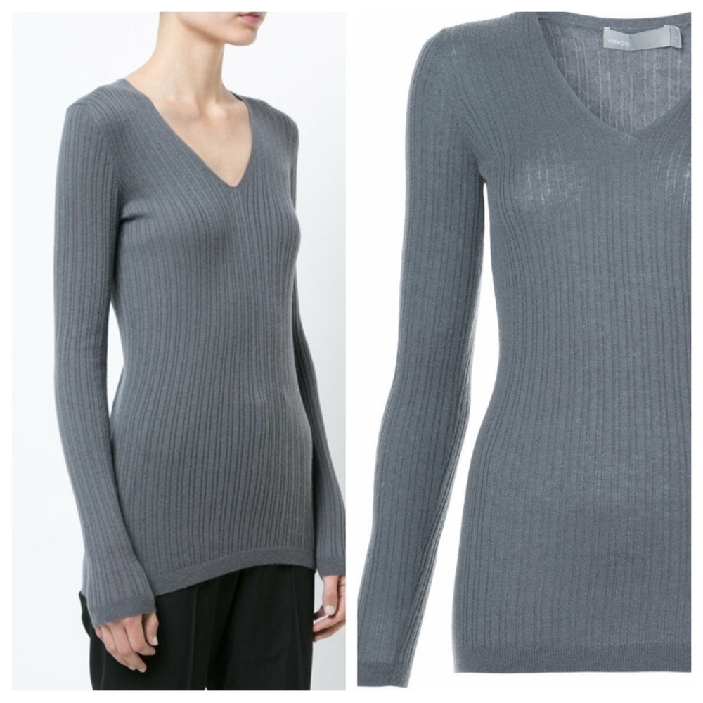 Vince 100% Cashmere shallow ribbed V-Neck sweater gray 37357